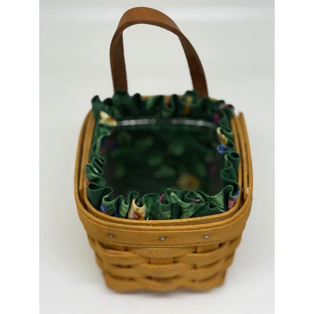 VTG Longaberger Basket Brown Woven Wood Floral Fabric Liner‎ Leather Handle 1996